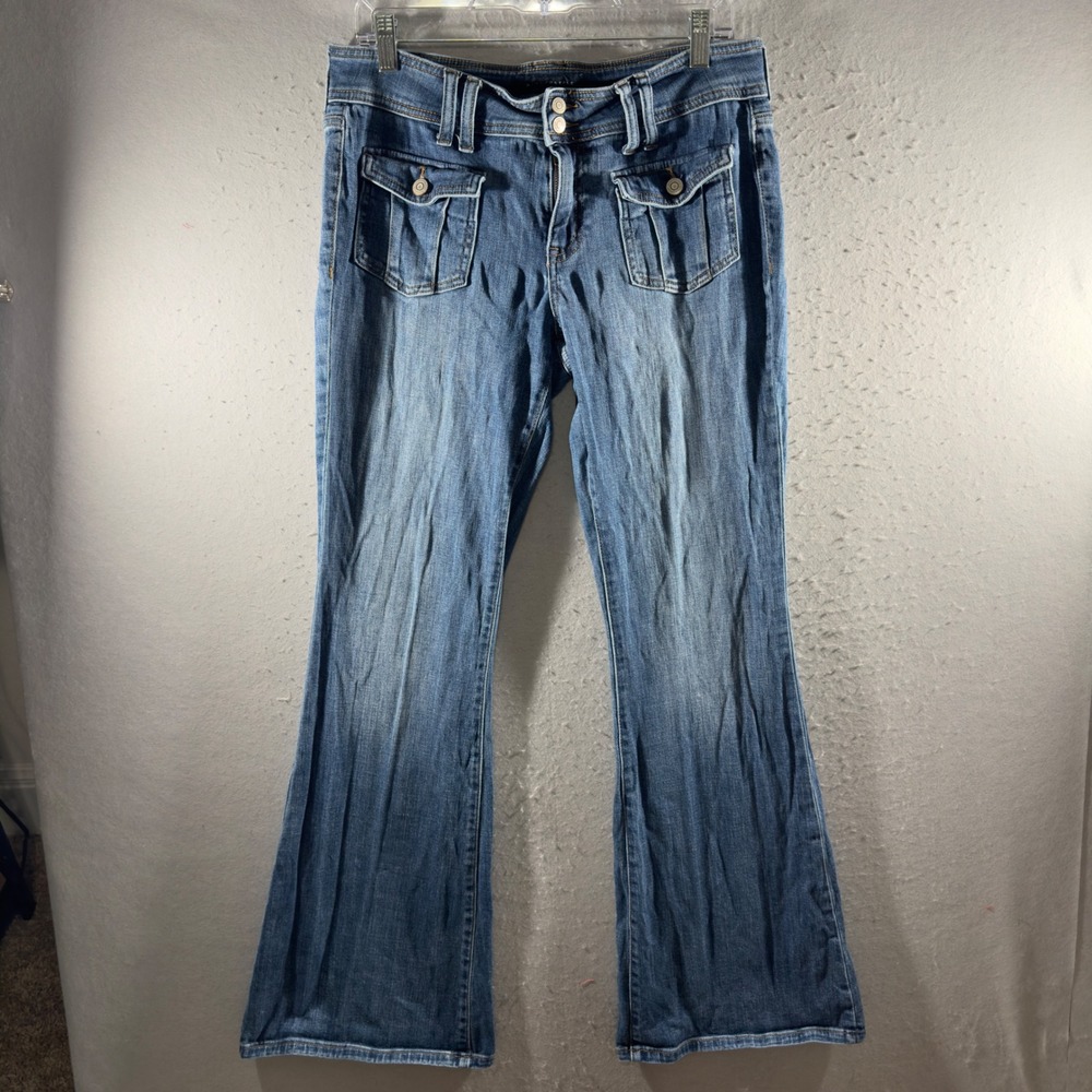 3308 | Aeropostale Y2K Low Rise Flare Jeans Flap Pocket Dark Wash Women 10R